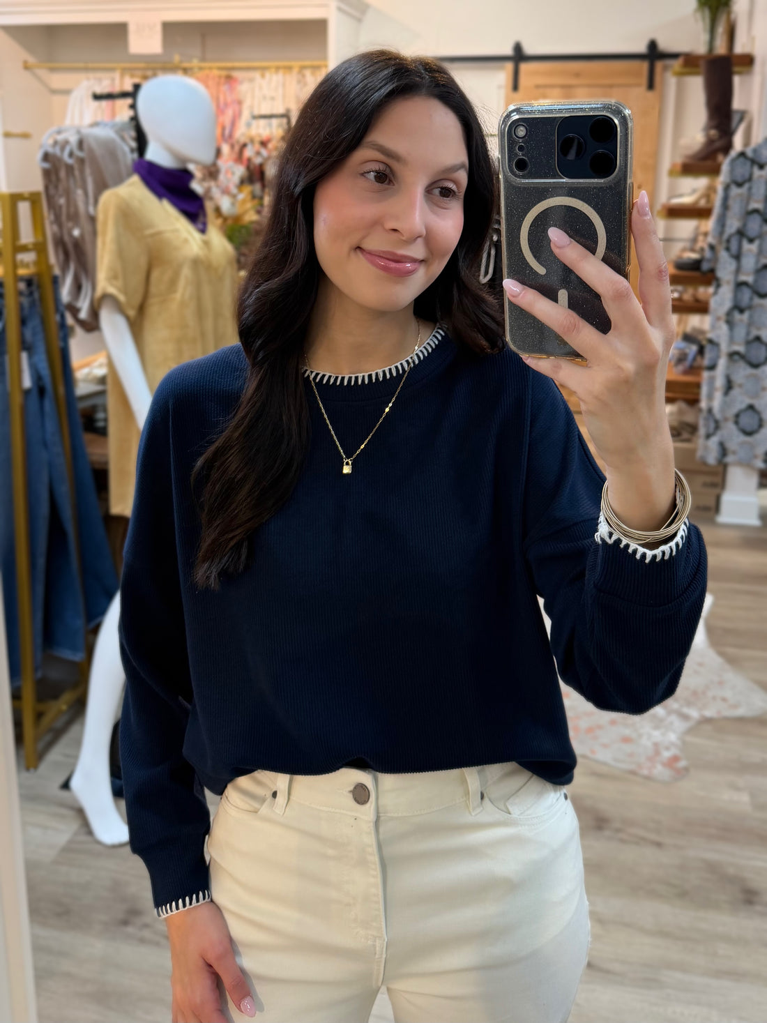 NAVY BLANKET STITCH RIBBED LONG SLEEVE PULLOVER TOP