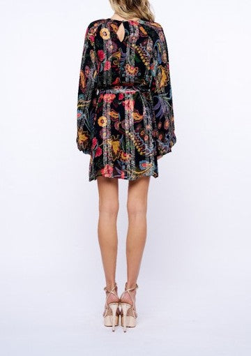 BLACK MULTI FLORAL PRINT METALLIC STRIPE LONG BUBBLE SLEEVE ODETTE MINI DRESS