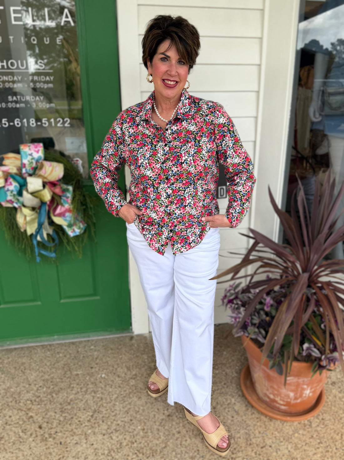 RED/BLUE MULTI TWLIGHT BLOOM PRINT CLASSIC BUTTON-UP LONG SLEEVE SHIRT