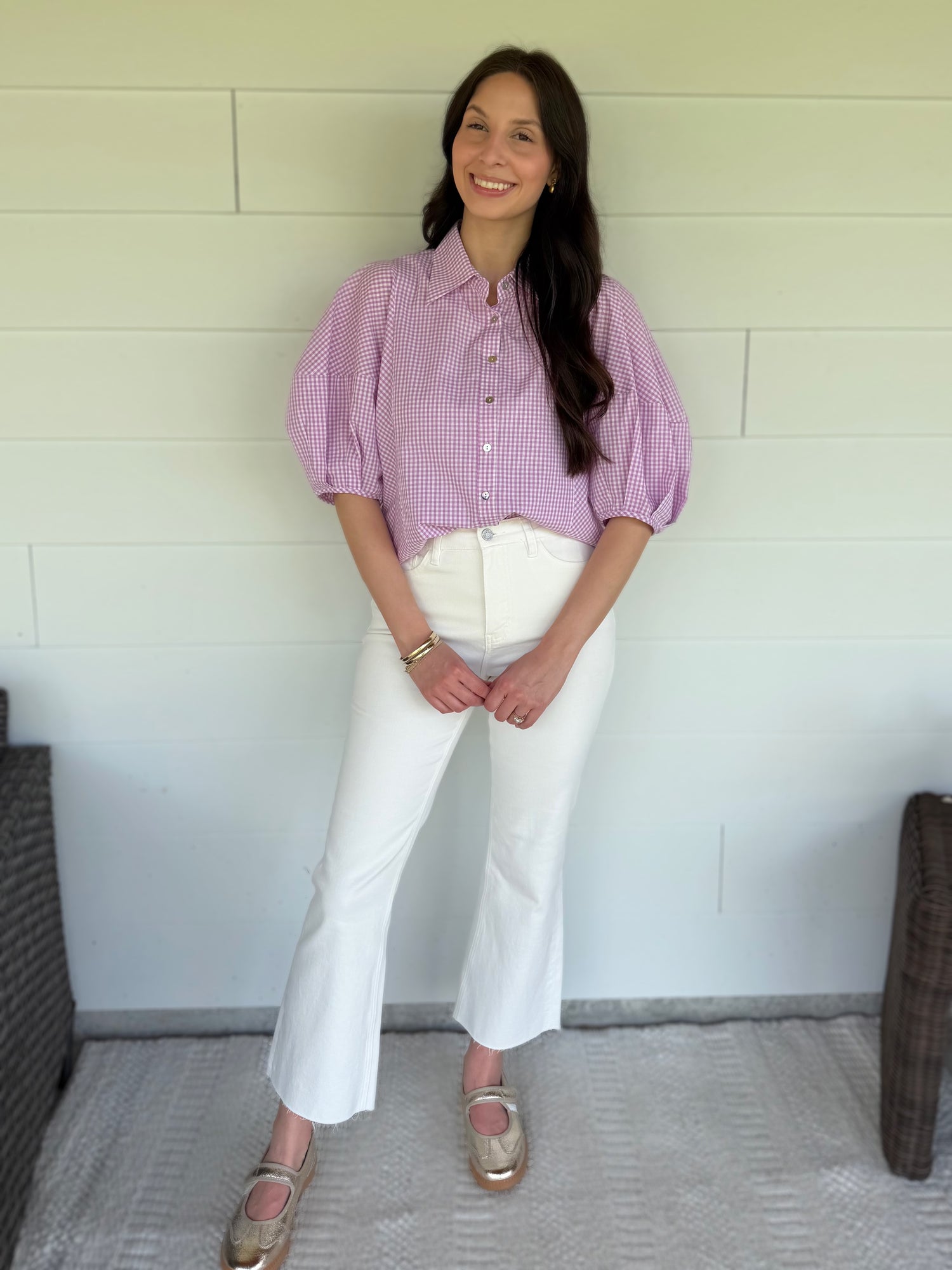 LAVENDER GINGHAM SHORT BALLOON SLEEVE BUTTON UP TOP