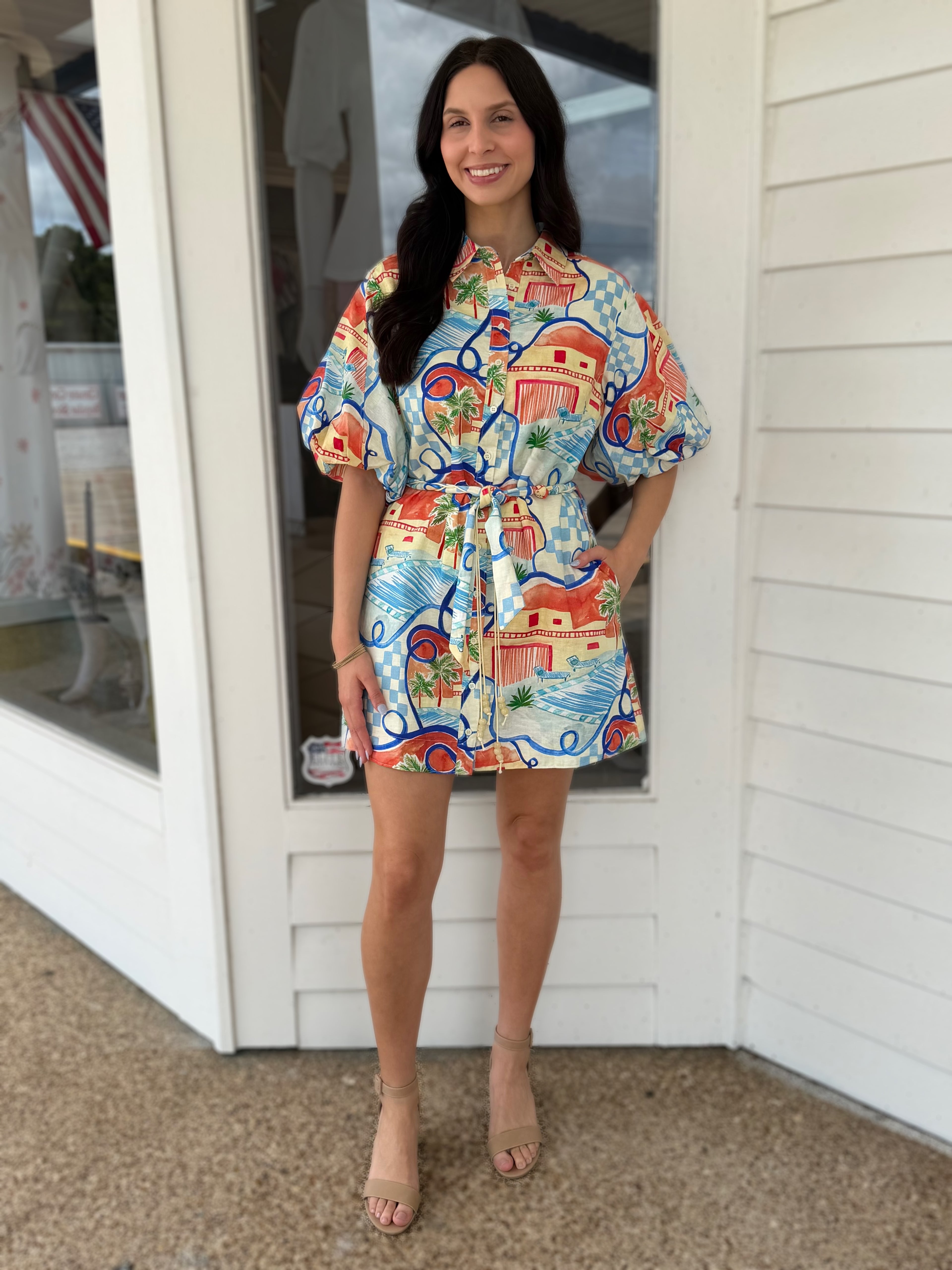 BLUE MULTI VACATION PRINT SHORT PUFF SLEEVE BUTTON UP MINI DRESS