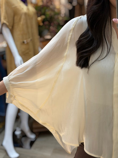 IVORY METALLIC OVERSIZED BUTTON UP DOLMAN SLEEVE TOP
