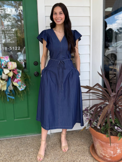 DENIM CONTRAST STITCH SHORT RUFFLE SLEEVE WAIST TIE MIDI DRESS