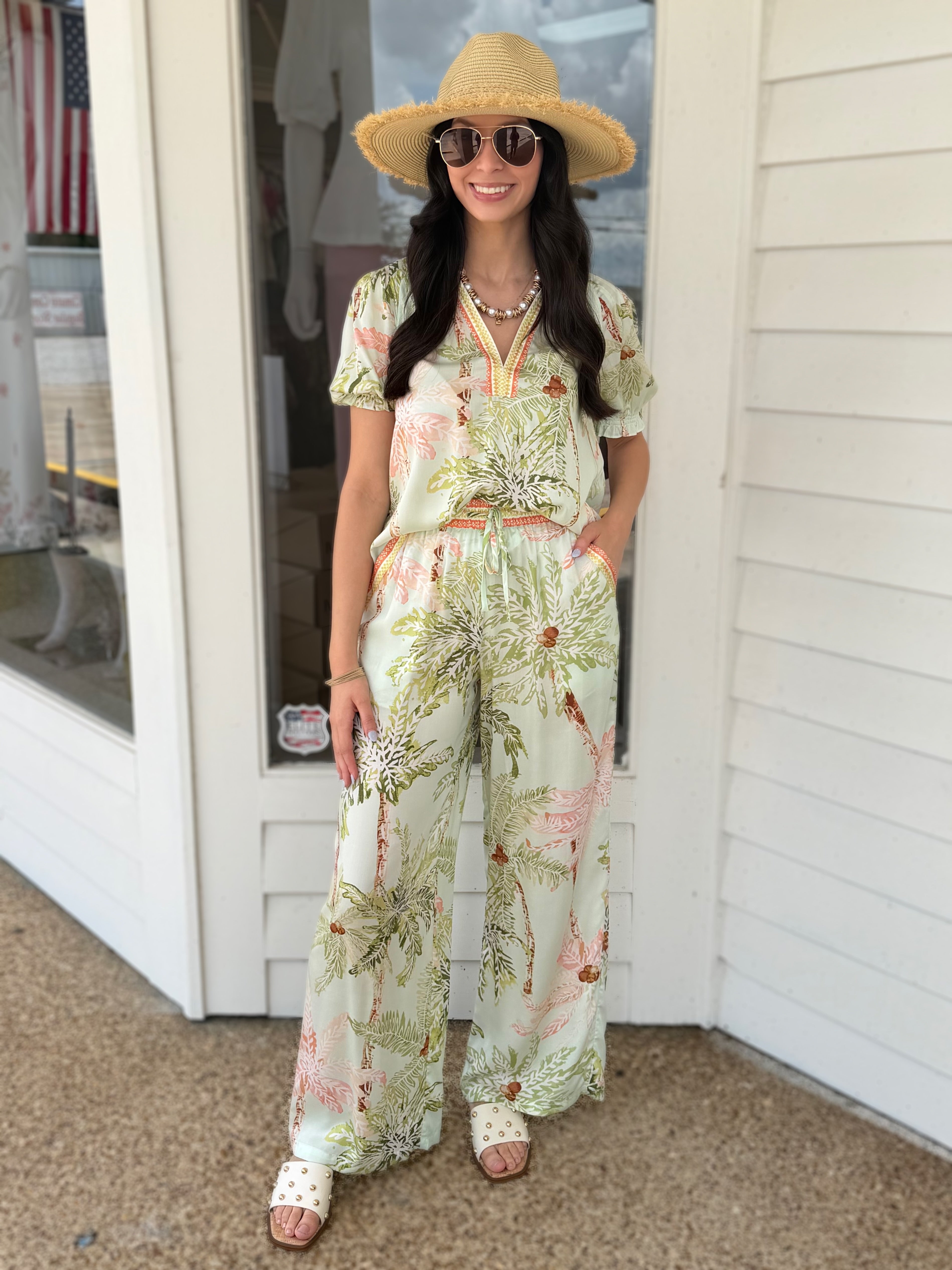 SEAFOAM TROPICAL PRINT LONG WIDE LEG ELASTIC WAISTBAND PANTS