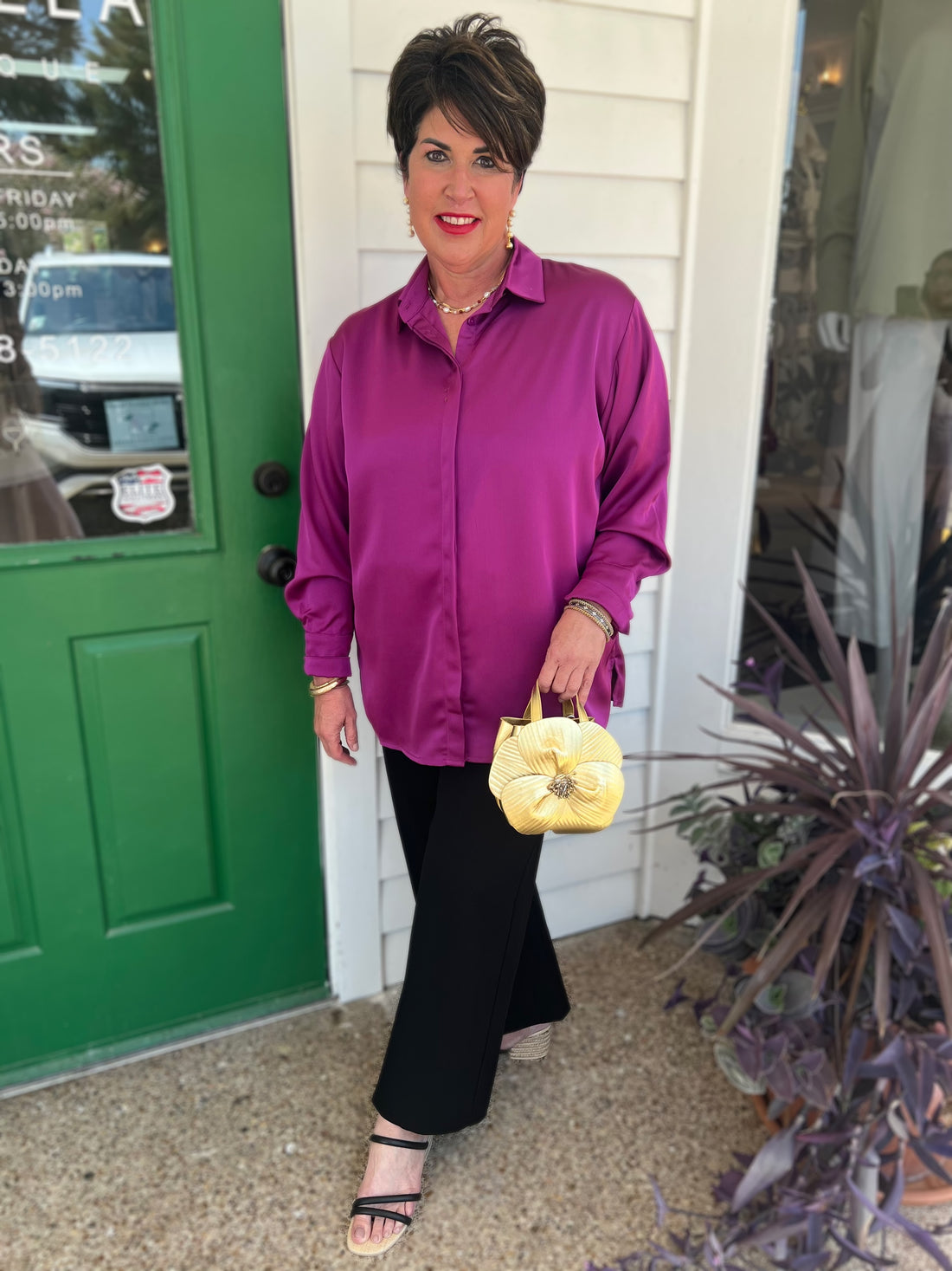 ORCHID SATIN PLACKET COVER BUTTON UP LONG SLEEVE TOP