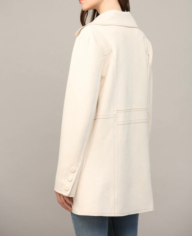 ECRU CONTRAST STITCHING DETAIL FAUX SUEDE COAT