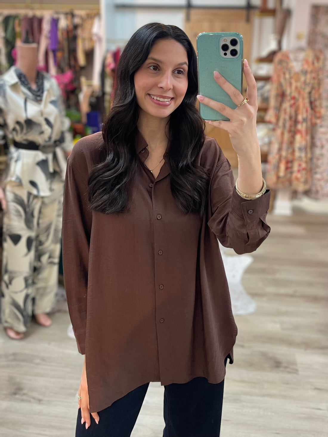 BROWN RELAXED FIT LONG SLEEVE BUTTON UP TOP