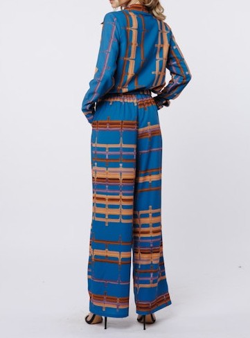 BLUE ABSTRACT STRIPE SURPLICE LONG SLEEVE BUBBLE STACIA TOP