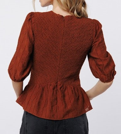 BROWN SMOCKED PEPLUM 3/4 PUFF SLEEVE ESRA TOP