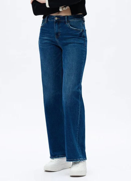 DARK BLUE DISTRESSED ALSA MID RISE WIDE LEG JEANS