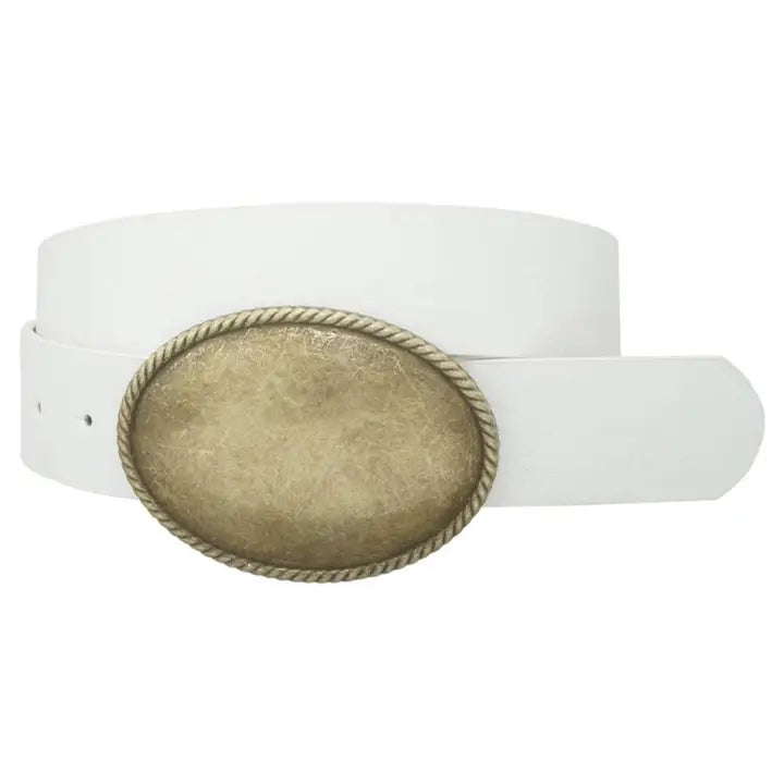 WHITE WESTERN OVAL GOLD BUCKLE BELT