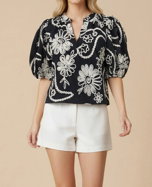 NAVY FLORAL EMBROIDERY SHORT BALLOON SLEEVE TOP