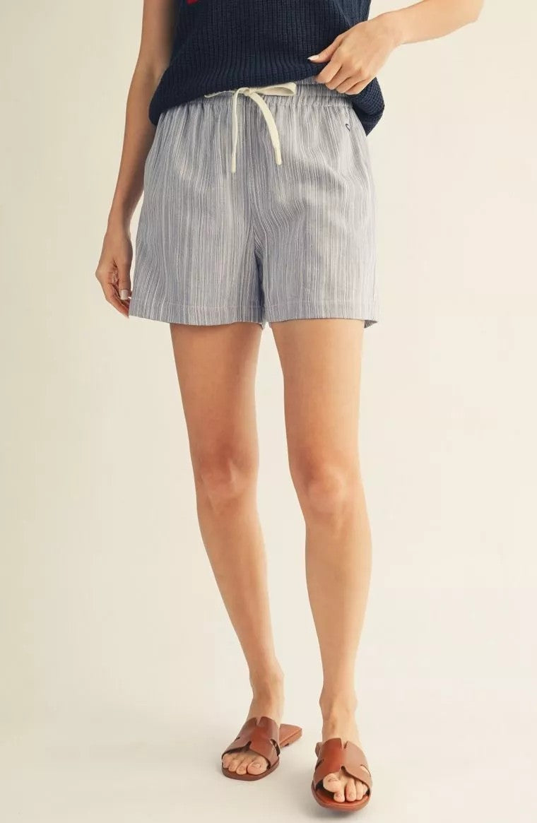 DENIM STRIPED ELASTIC WAIST TEXTURED SHORTS