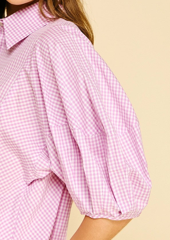 LAVENDER GINGHAM SHORT BALLOON SLEEVE BUTTON UP TOP