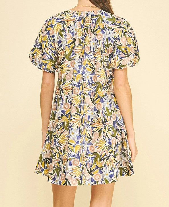 PURPLE MULTI FLORAL PRINT TUNIC SHORT BALLOON SLEEVE MINI DRESS