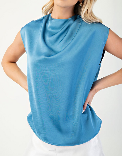BLUE SATIN DRAPED SHORT SLEEVE BLOUSE