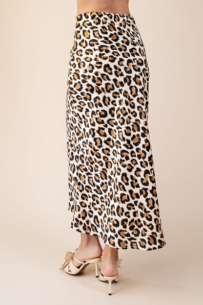 CREAM CHEETAH PRINT SATIN HIGH WAISTED MIDI SKIRT