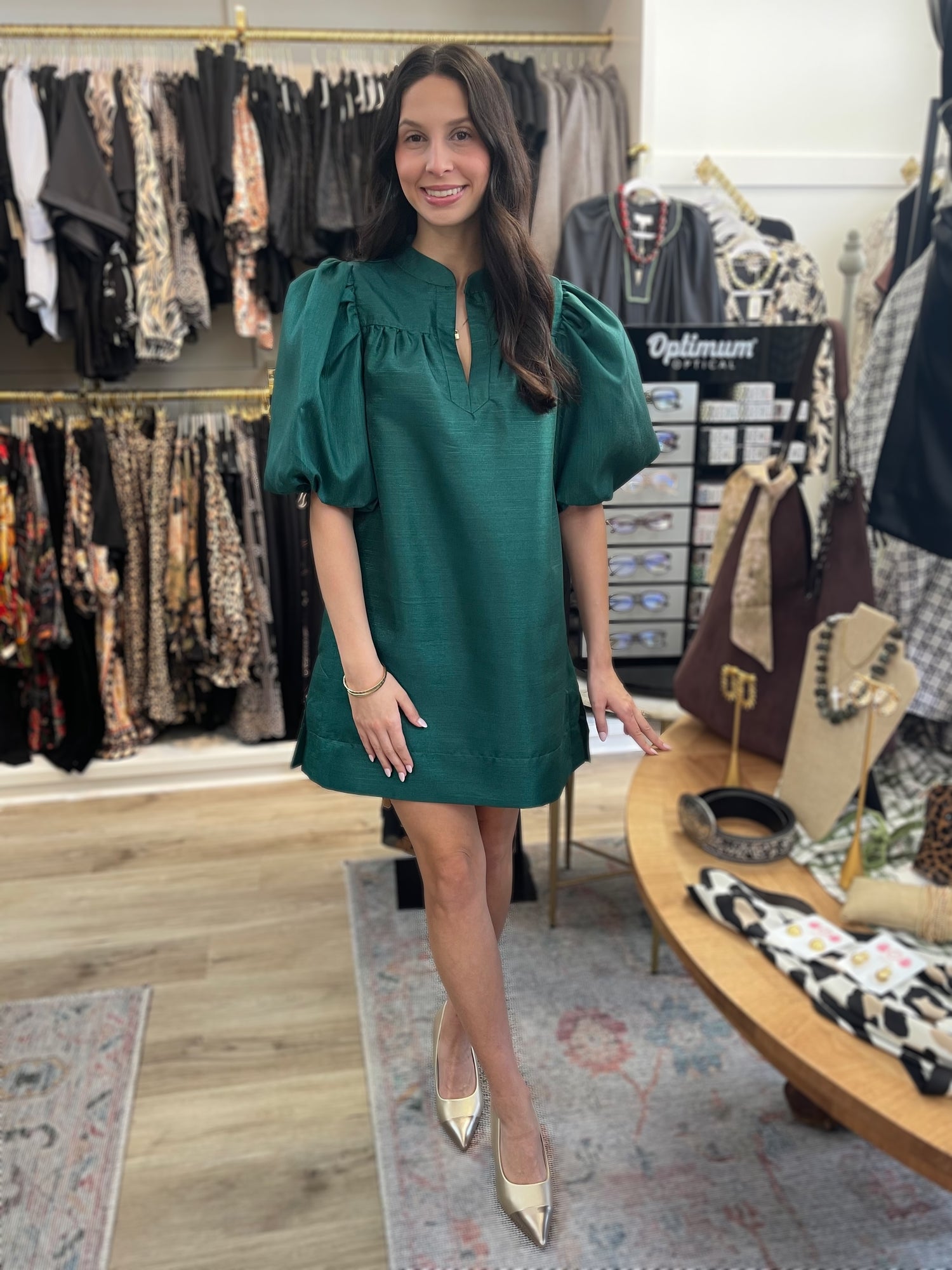 GREEN METALLIC MANDARIN COLLAR VNECK PUFF SLEEVE MINI DRESS