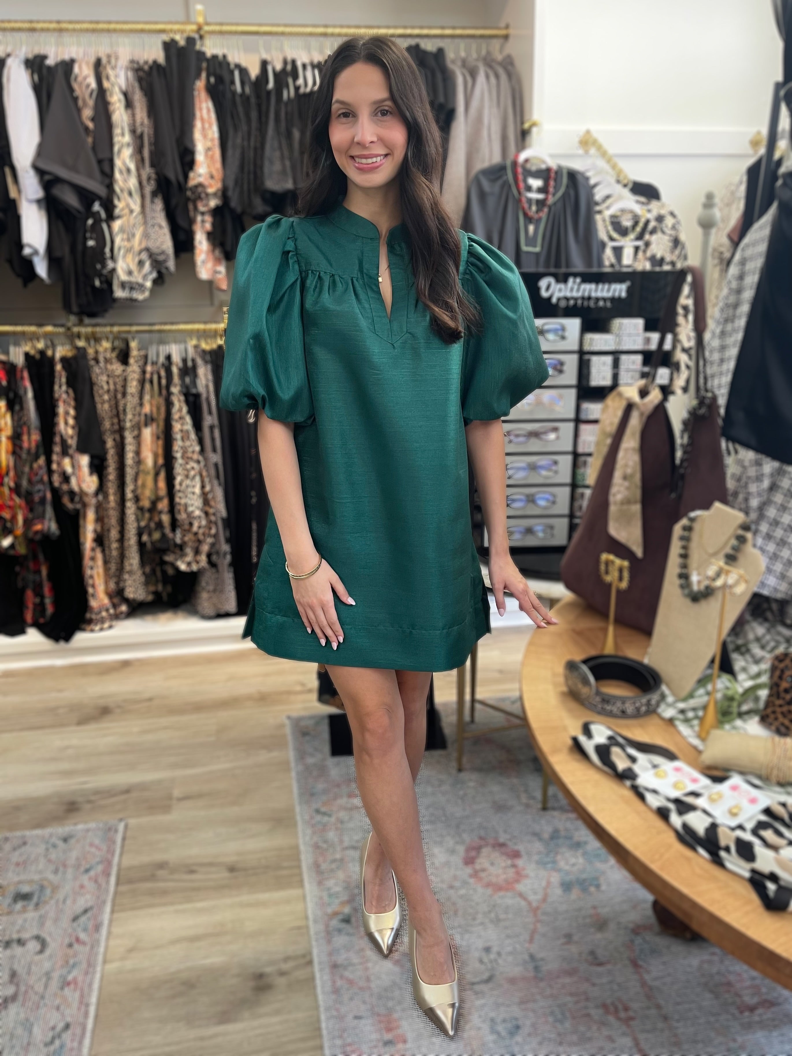 GREEN METALLIC MANDARIN COLLAR VNECK PUFF SLEEVE MINI DRESS