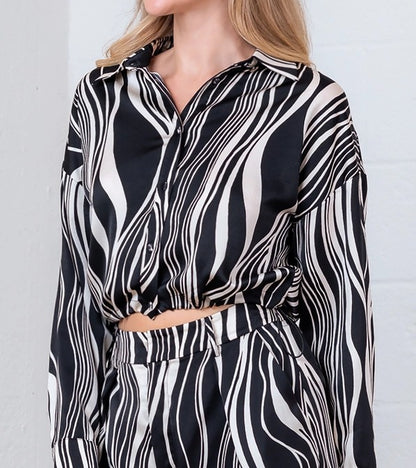 BLACK/IVORY PRINT BUTTON-DOWN ELASTIC HEM LONG SLEEVE SHIRT