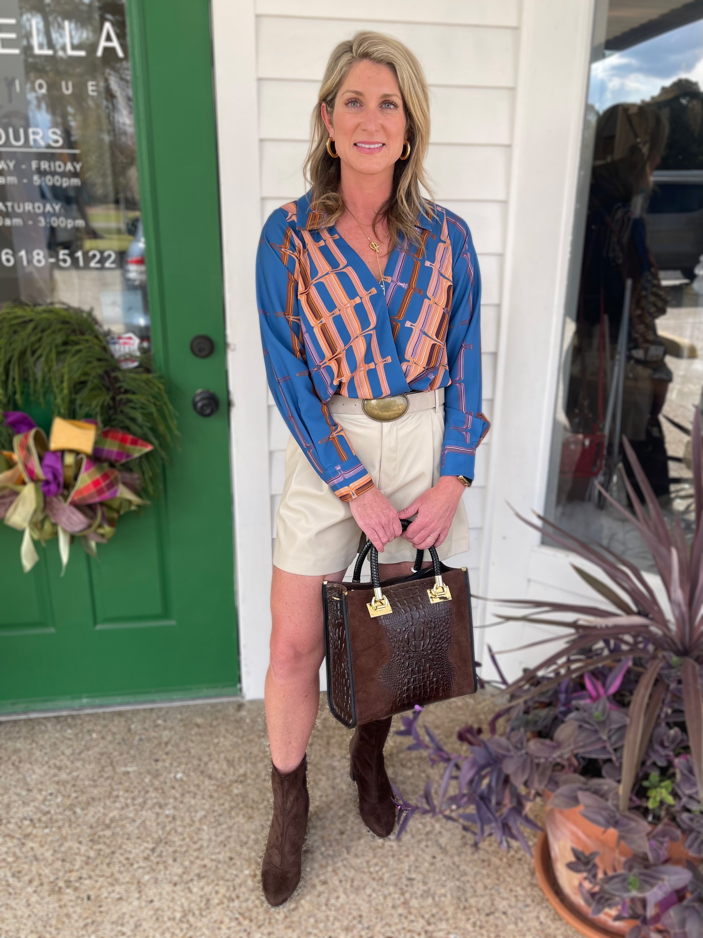 BLUE ABSTRACT STRIPE SURPLICE LONG SLEEVE BUBBLE STACIA TOP