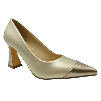GOLD METALLIC POINTED TOE FLARED DONA BLOCK HEEL