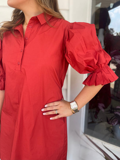 CHERRY RED POPLIN PLEATED SLEEVE SHIRT DRESS