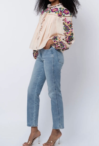 CREAM MULTI FLORAL PRINT LADDER TRIM RUFFLED PLACKET LONG SLEEVE ISME BLOUSE