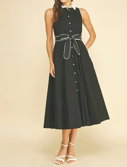 BLACK/WHITE SCALLOP RIC RACK TRIM SLEEVELESS BUTTON UP MIDI DRESS