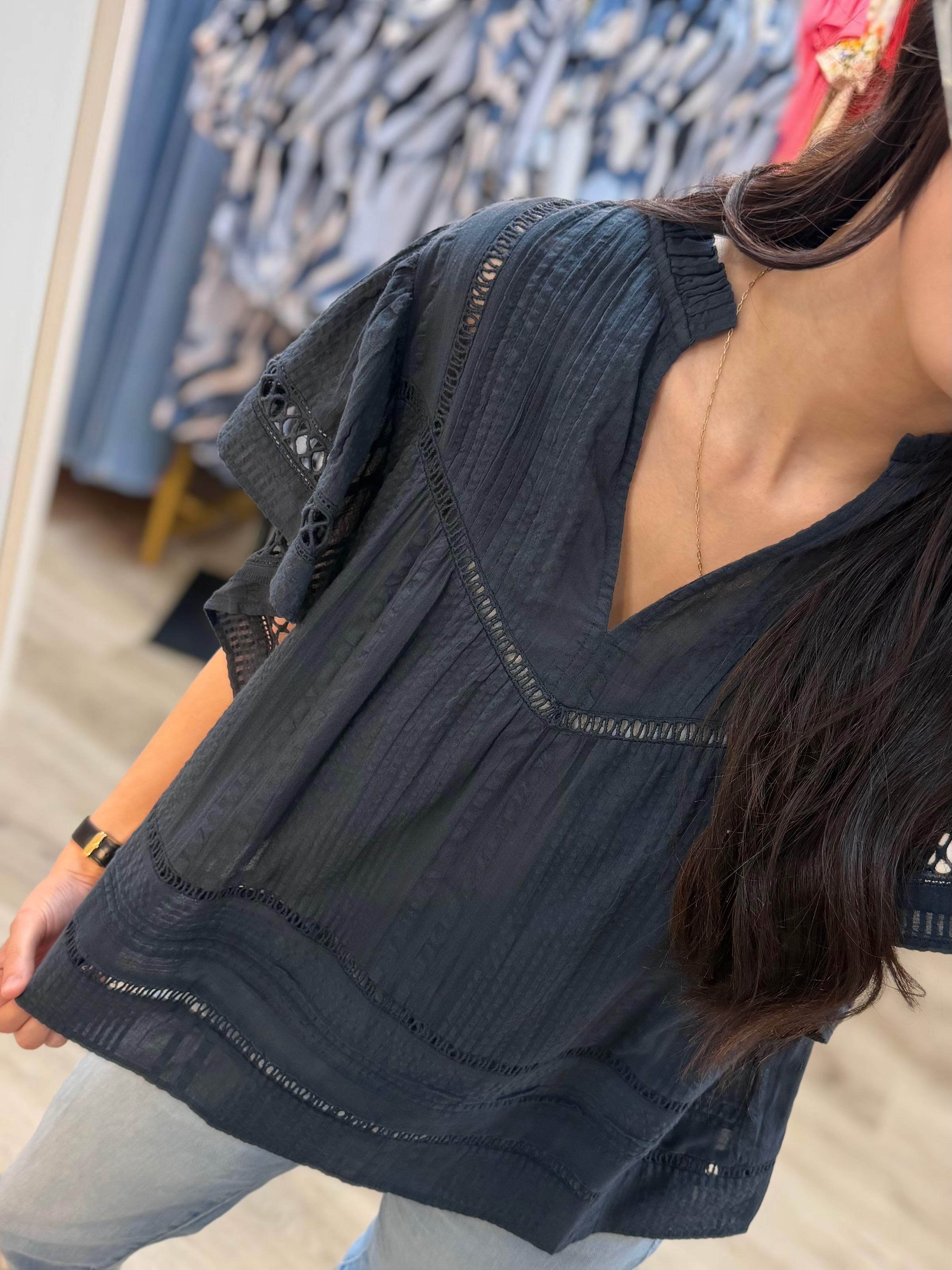 NAVY LACE DETAIL SHORT RUFFLE SLEEVE TOP
