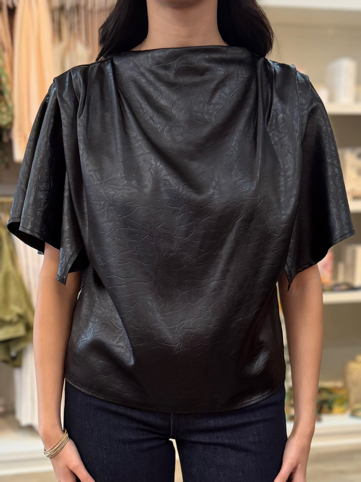 BLACK SHINY SATIN &amp; LEATHER FLOWY SHORT SLEEVE TOP