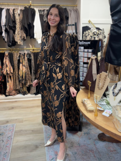 BLACK GOLD FLORAL JACQUARD SHEER LONG SLEEVE TIE WAIST BUTTON UP MIDI DRESS