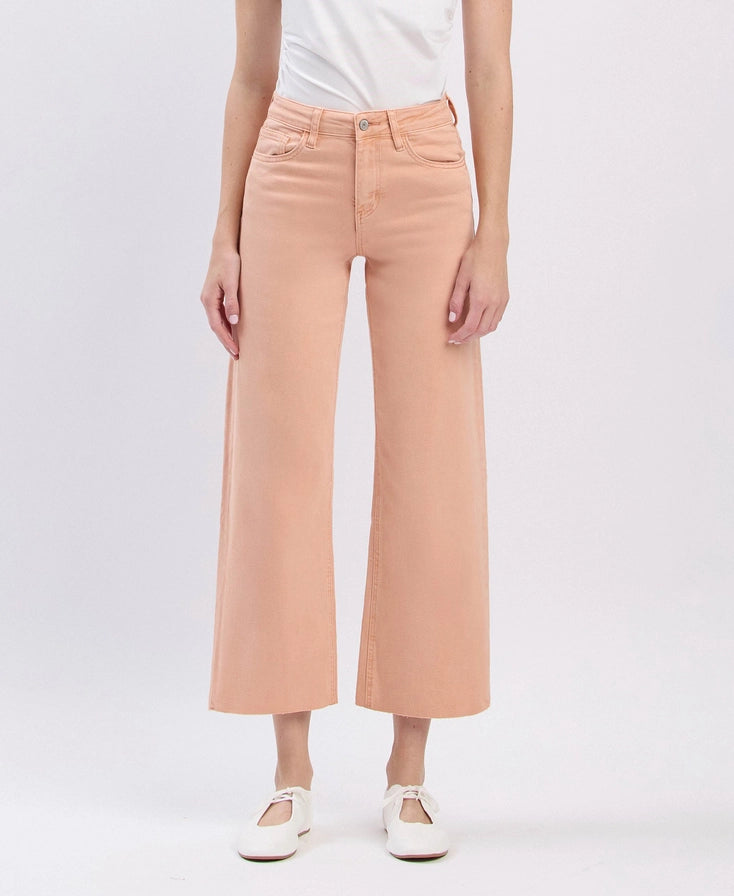 SOFT SAND HIGH RISE RAW HEM ANKLE WIDE LEG JEANS