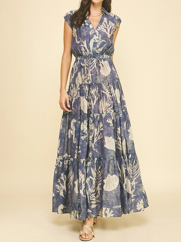 DUSTY NAVY BOTANICAL PRINT TIERED MAXI DRESS