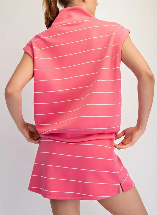 BRINK PINK/CREAM MODAL SCUBA STRIPE QUARTER ZIP SLEEVELESS TOP