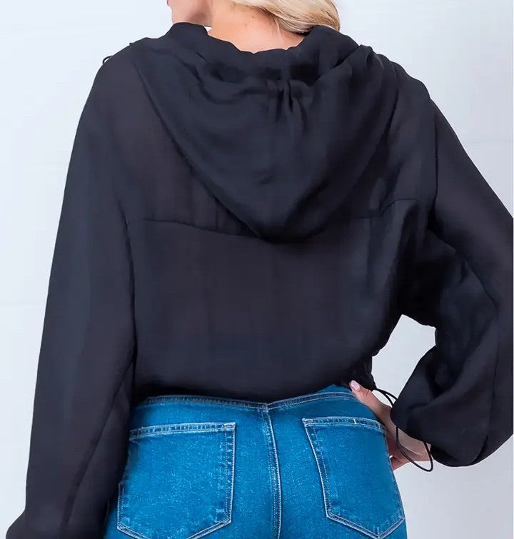 BLACK LIGHT WEIGHT HOODED SNAP-BUTTON UP JACKET