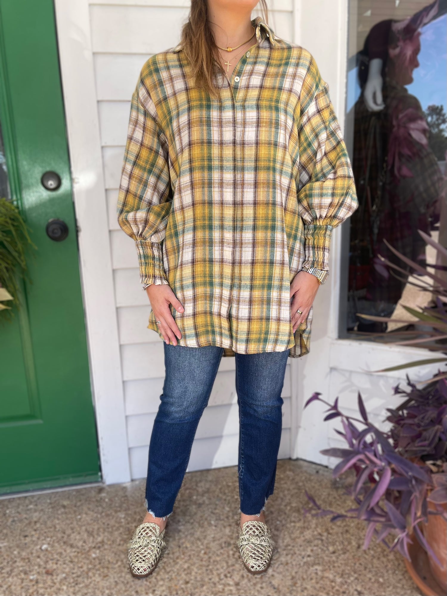MUSTARD/FOREST PLAID BUTTON UP LONG SLEEVE COTTON TOP