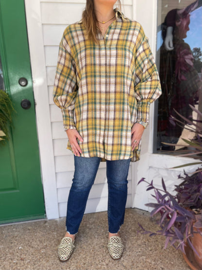 MUSTARD/FOREST PLAID BUTTON UP LONG SLEEVE COTTON TOP