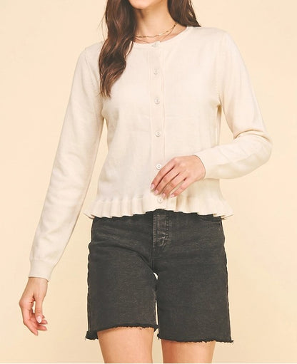 CREAM BUTTON UP PLEATED LONG SLEEVE CARDIGAN