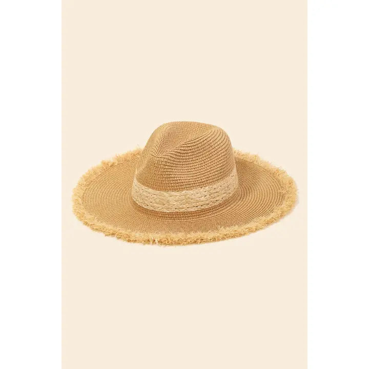 TAN STRAW BRAIDED FRINGE FEDORA SUN HAT