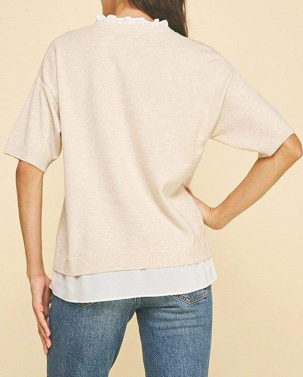 OATMEAL MIXED MEDIA LAYERED KNIT TOP