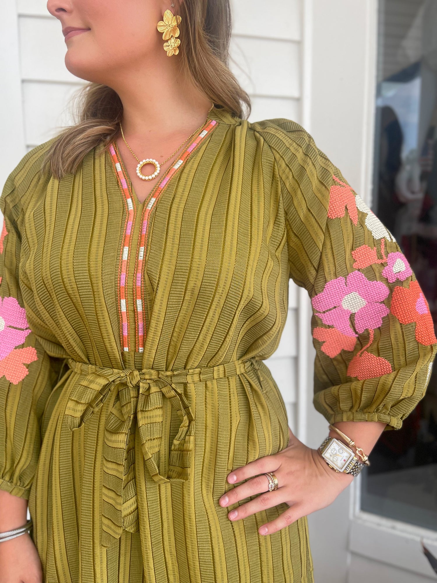 OLIVE GREEN STRIPE &amp; FLORAL EMBROIDERED PUFF SLEEVE MAXI DRESS