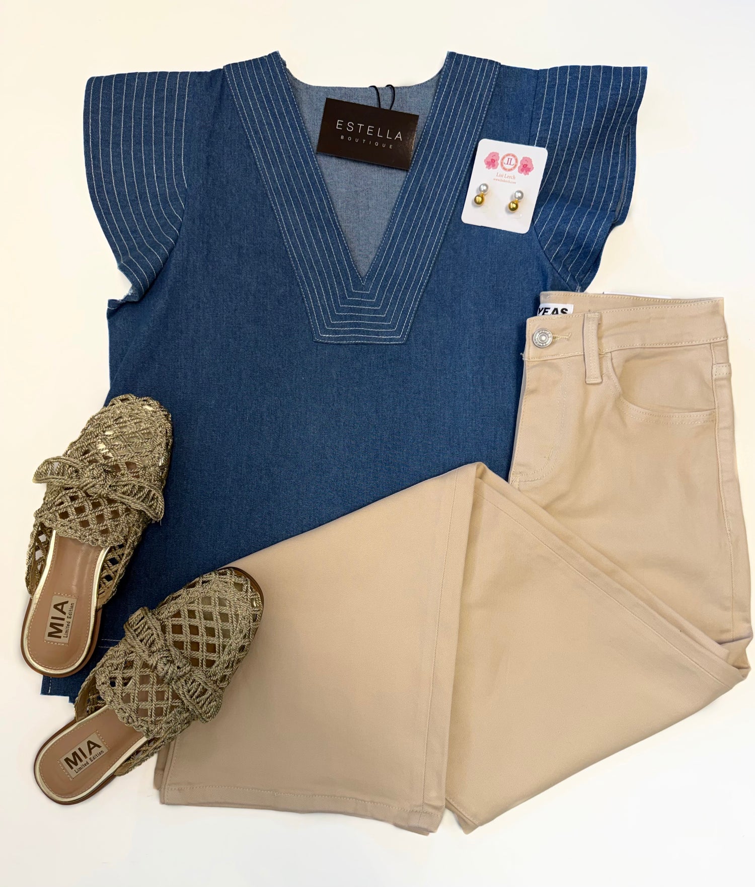 DENIM BLUE CONTRAST STITCH SHORT RUFFLE SLEEVE VNECK TOP