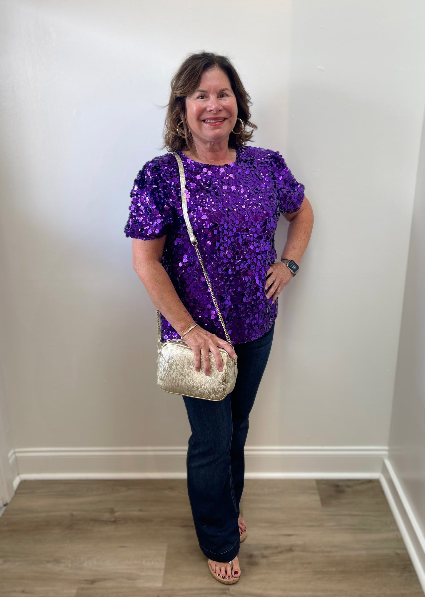 PURPLE SEQUIN EMBELLISHED SHORT PUFF SLEEVE TOP