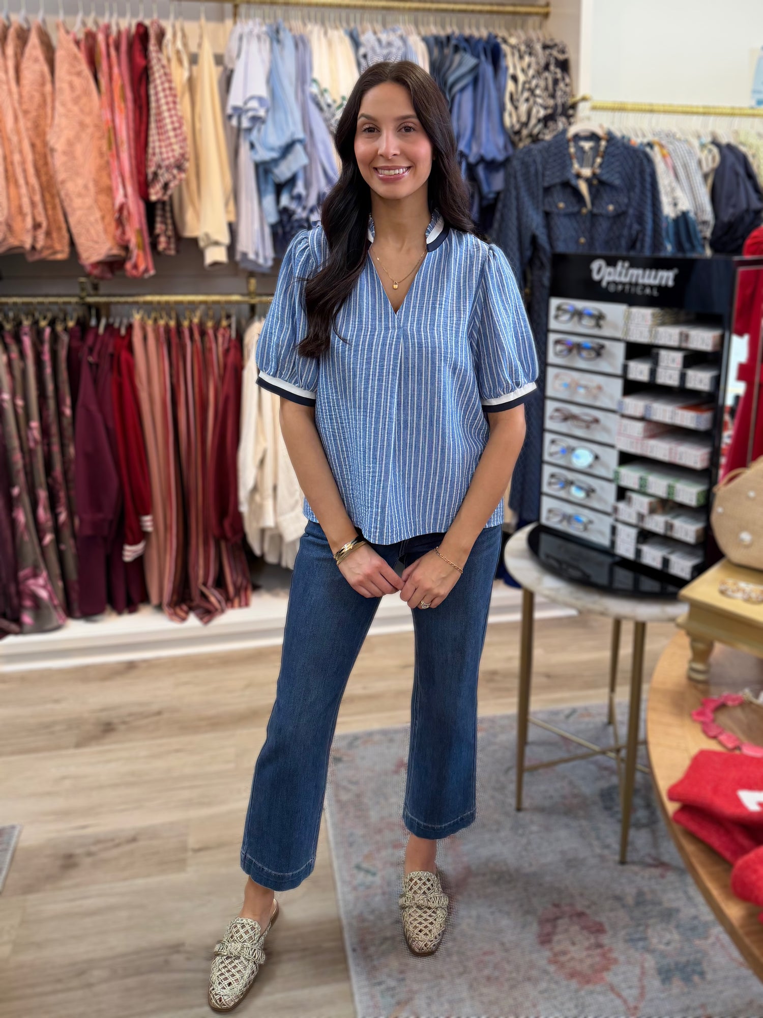 BLUE CONTRAST BANDING STRIPED VNECK SHORT SLEEVE TOP