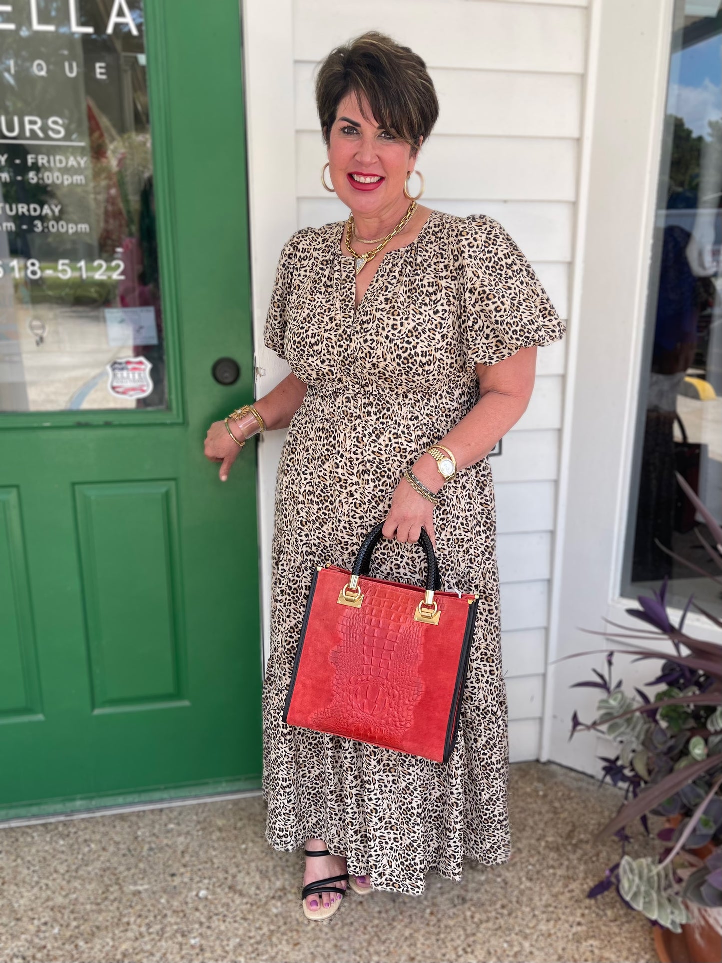 LEOPARD PRINT SMOCK WAIST TIERED MIDI DRESS