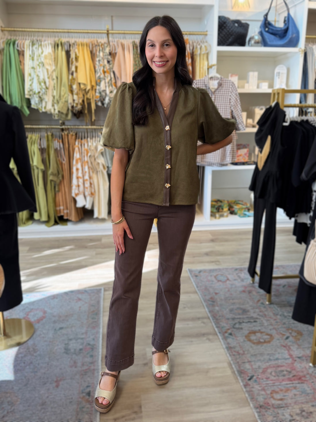 OLIVE SUEDE WITH BROWN LEATHER TRIM PUFF SLEEVE BUTTON UP TOP