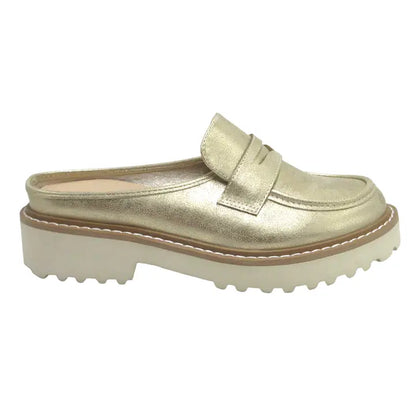 GOLD METALLIC CHUNKY PLATFORM SLIP-ON MULE MORA LOAFER