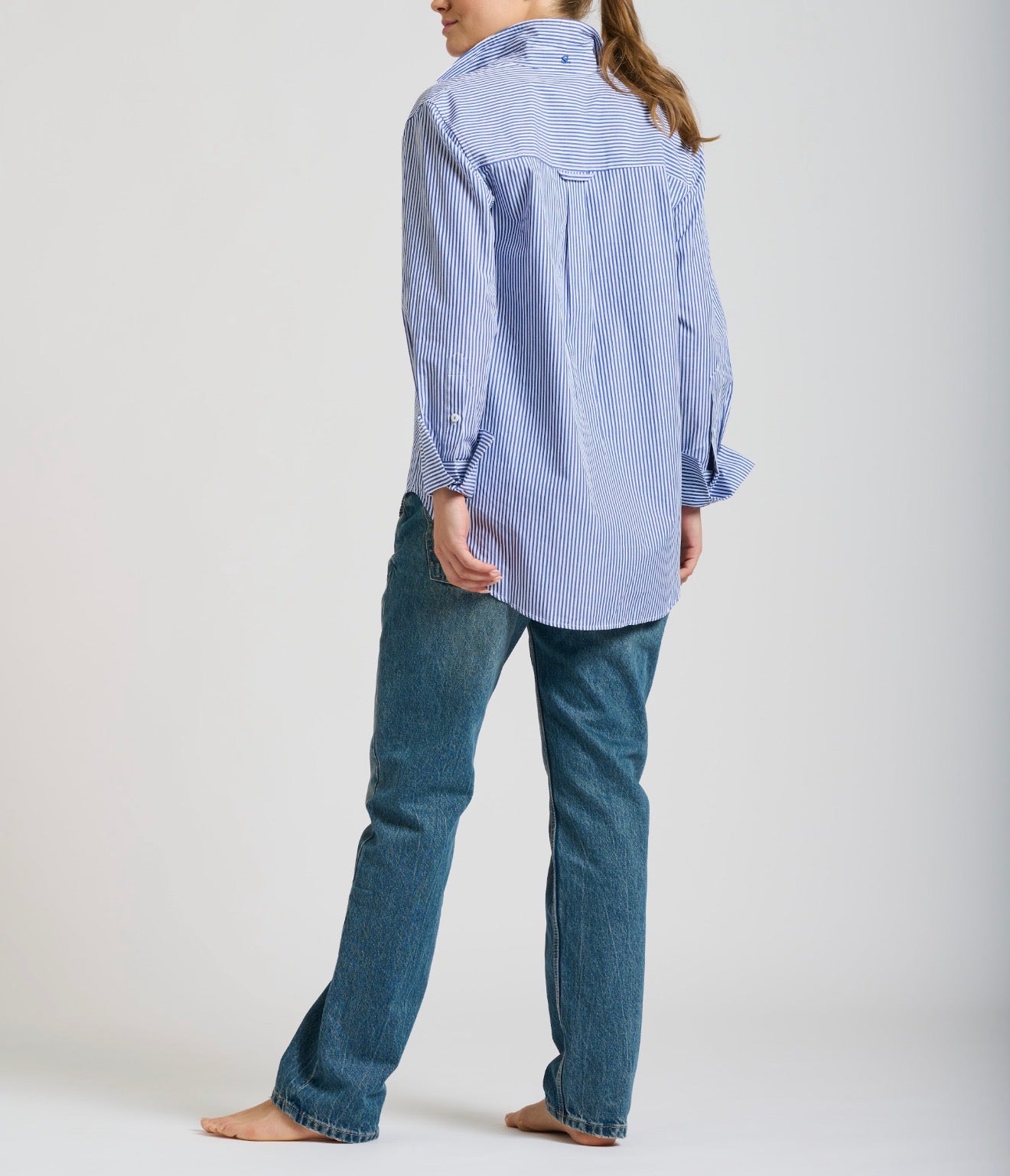 NAVY STRIPE ELODIE TRIM LONG SLEEVE BUTTON UP GIRLFRIEND RELAXED TOP