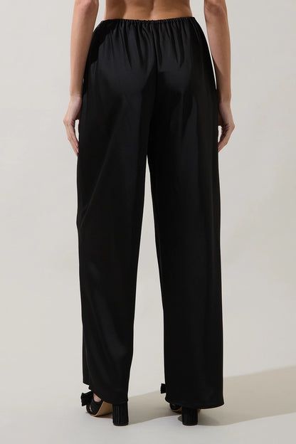BLACK SATIN ELASTIC WAIST WIDE LEG PANT